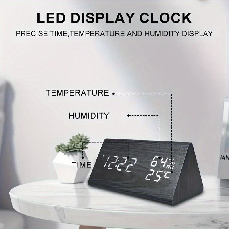 Modern Wooden LED Digital Alarm Clock | Time, Temperature & Humidity Display