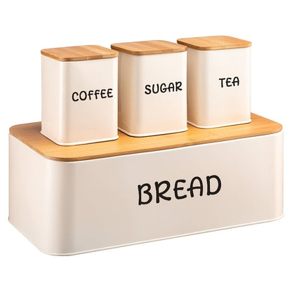 Bread Box Set with Tea, Coffee & Sugar Canisters | Bamboo Lid Kitchen Storage