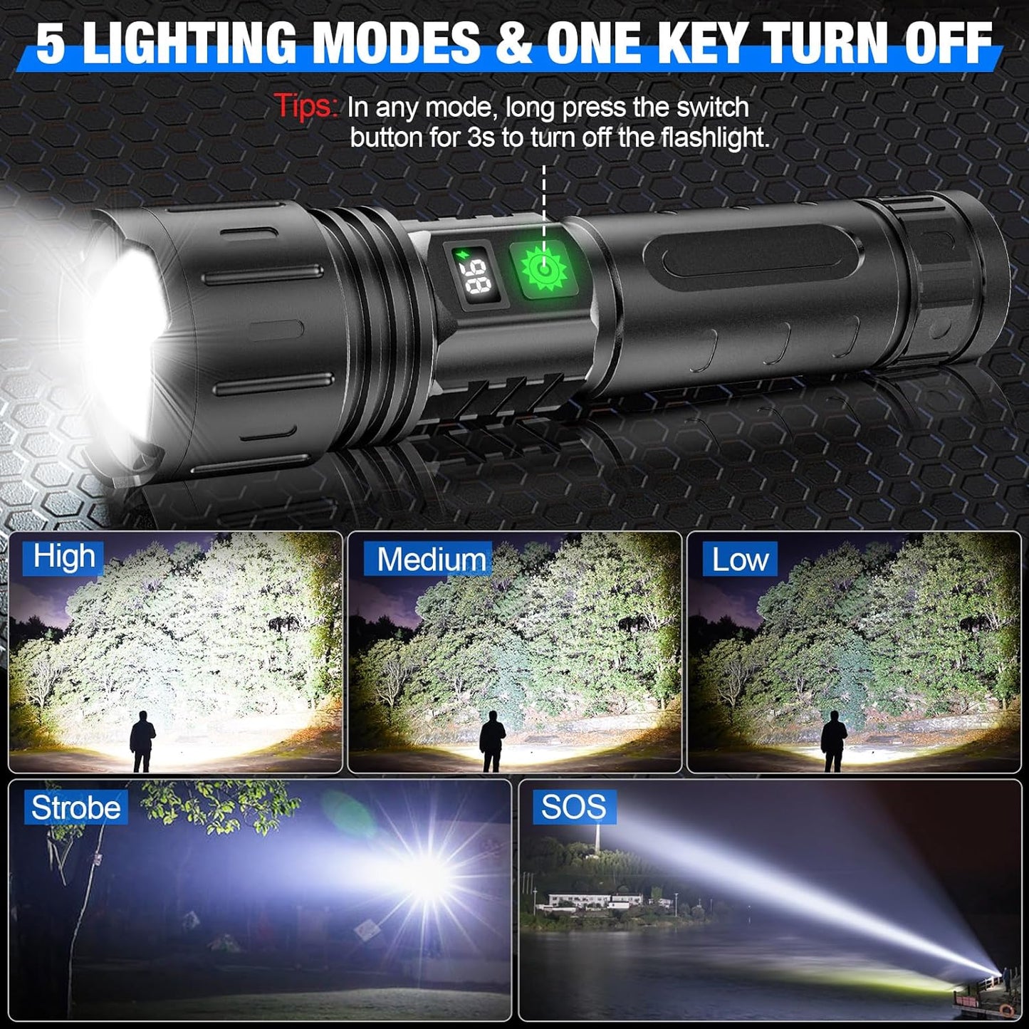 Tactical Flashlight 100000 Lumens LED Waterproof Rechargeable with Power Bank