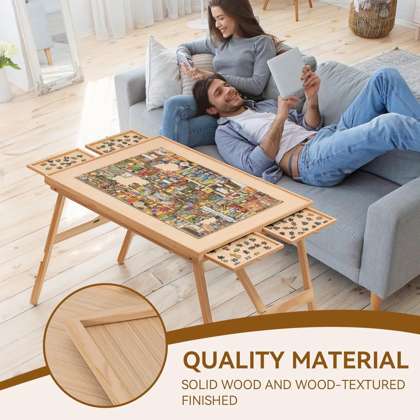 Puzzle Table with Drawers for 1500 - Piece Puzzles, Foldable & Sturdy