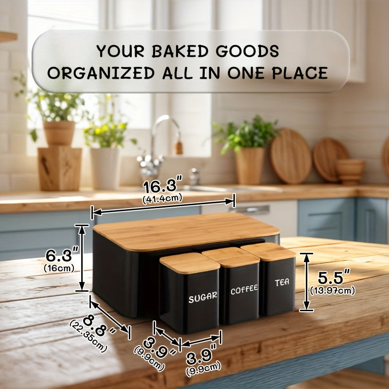 Bread Box Set with Tea, Coffee & Sugar Canisters | Bamboo Lid Kitchen Storage