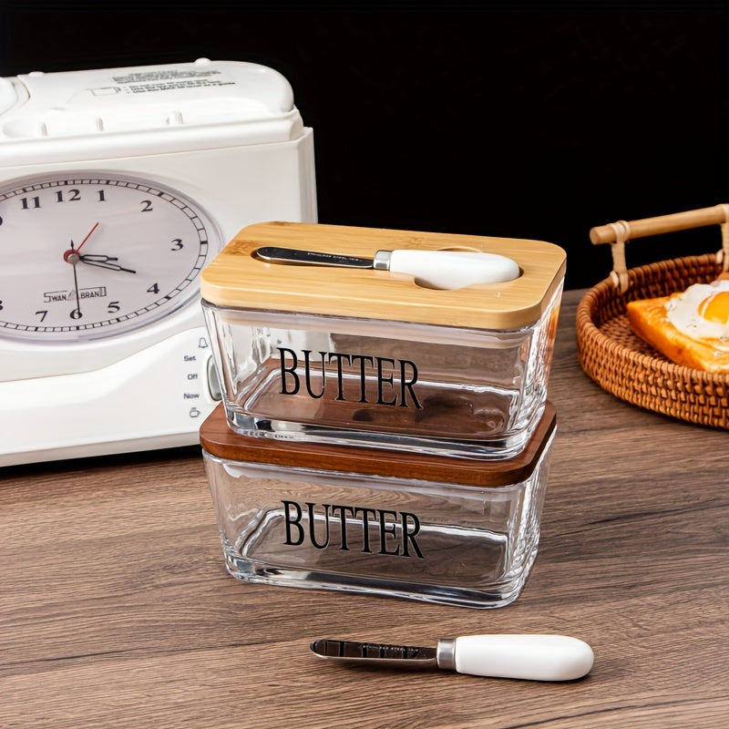 Acacia Wood Lid Glass Butter Dish with Spreader | Thick Glass Butter Keeper