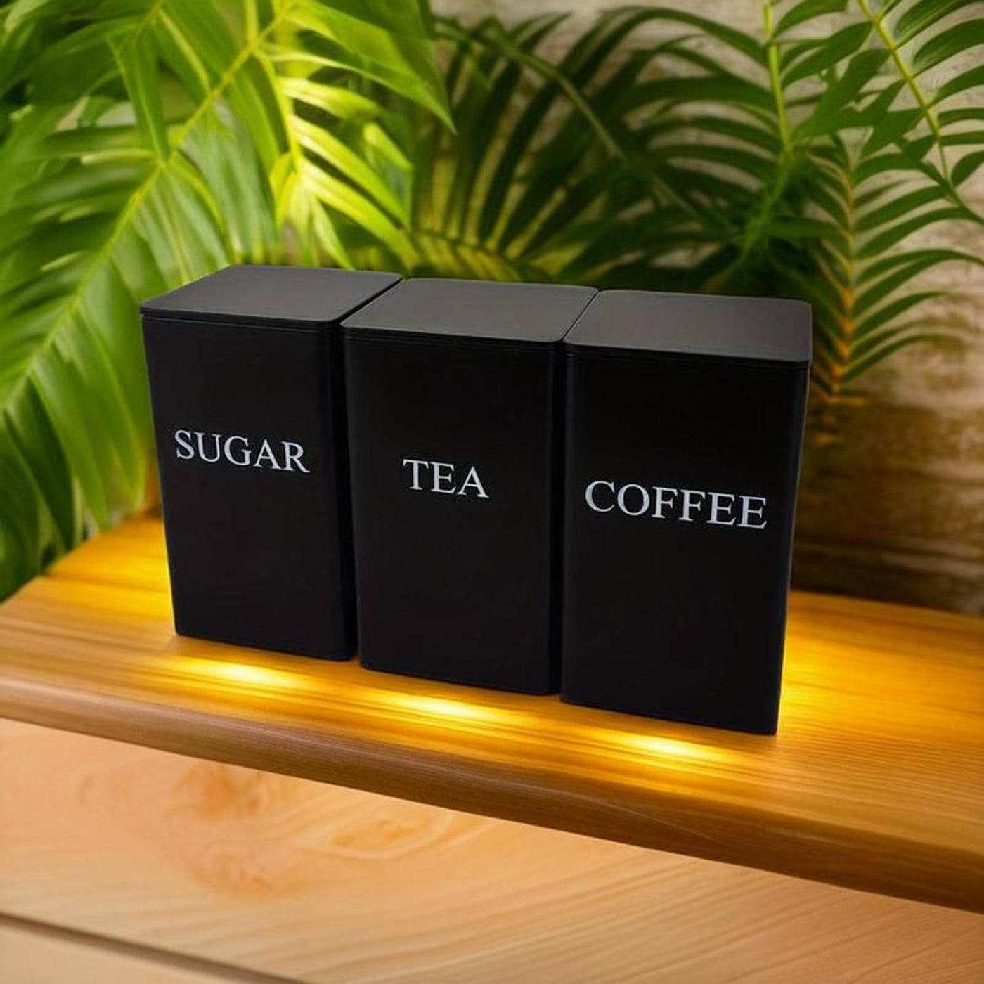 3-Piece Black Square Tea, Coffee & Sugar Storage Tins | Modern Kitchen Canisters Set