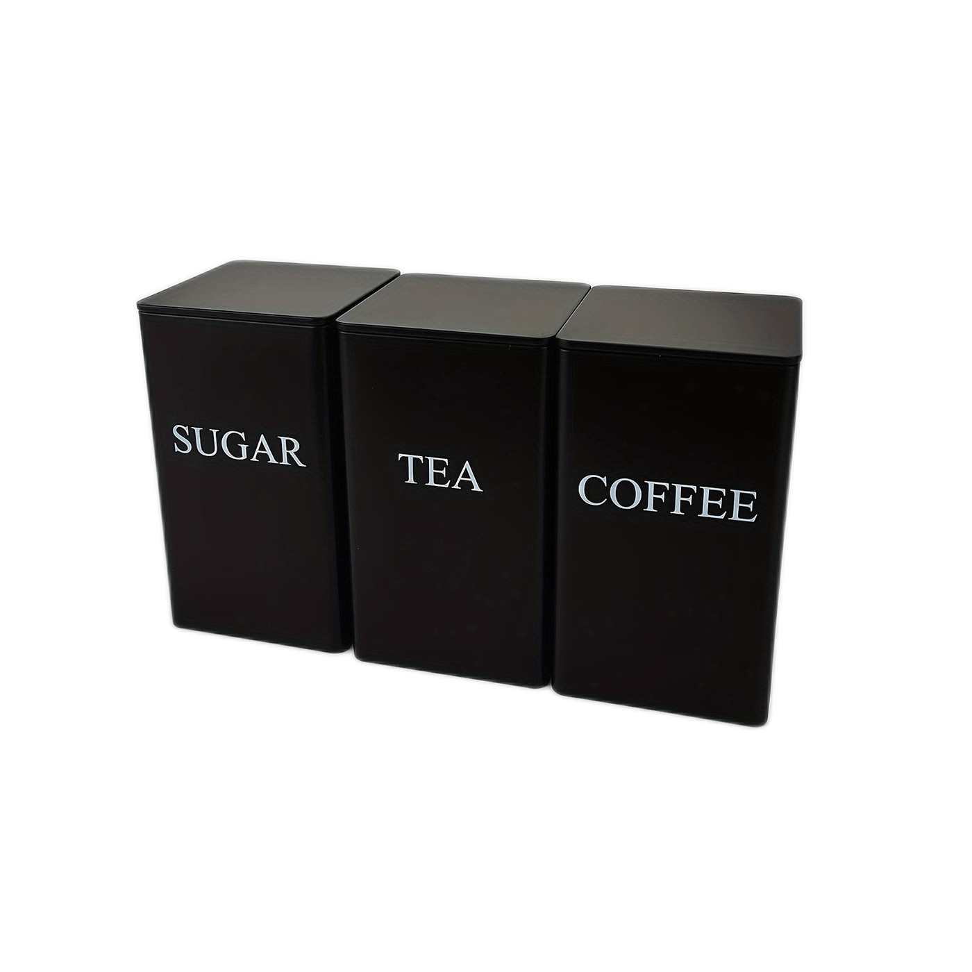 3-Piece Black Square Tea, Coffee & Sugar Storage Tins | Modern Kitchen Canisters Set