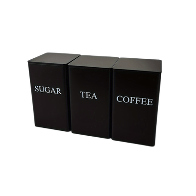 3-Piece Black Square Tea, Coffee & Sugar Storage Tins | Modern Kitchen Canisters Set