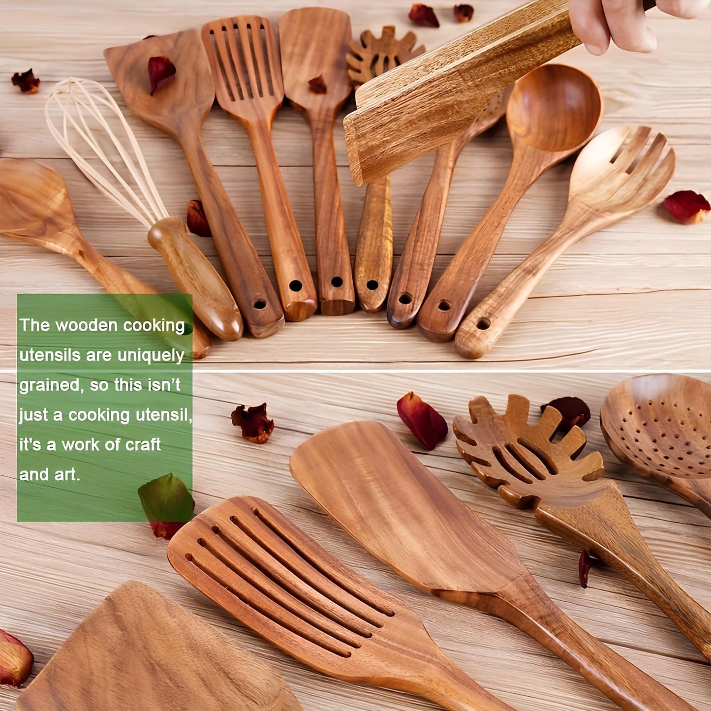 11-Piece Teak Wood Kitchen Utensil Set | Natural Wooden Cooking Tools with Holder