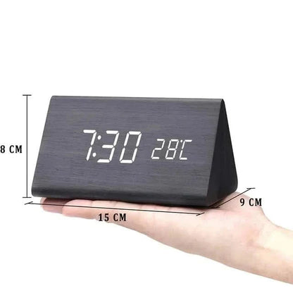 Wood-effect LED alarm clock | Time & temperature display
