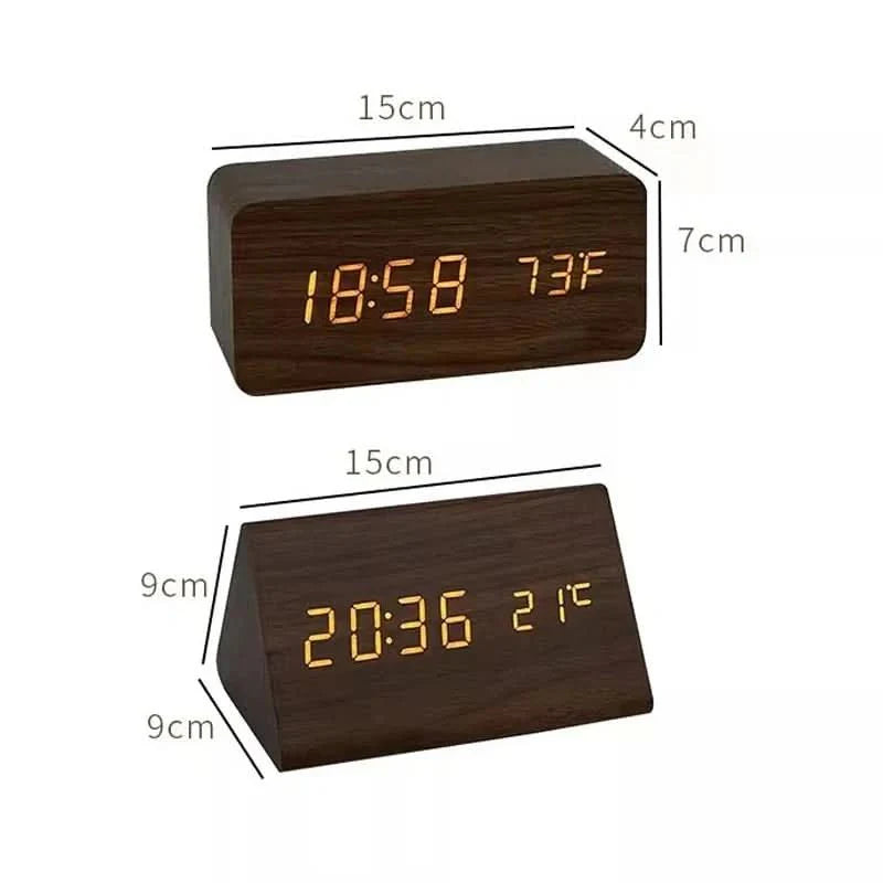 Wood-effect LED alarm clock | Time & temperature display