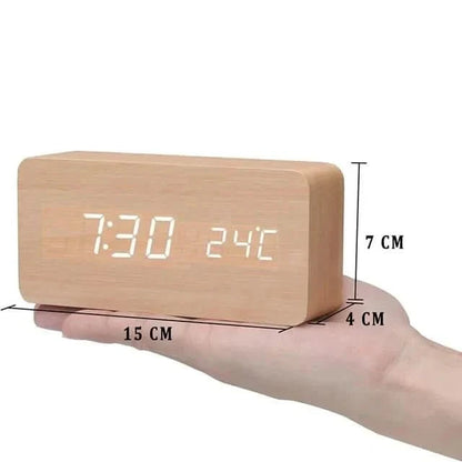 Wood-effect LED alarm clock | Time & temperature display