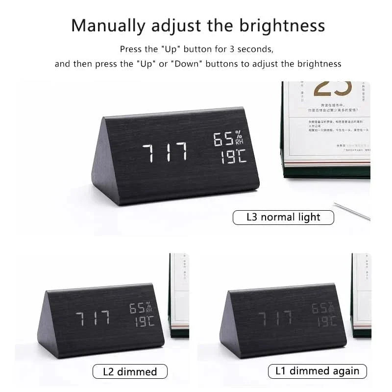 Wood-effect LED alarm clock | Time & temperature display