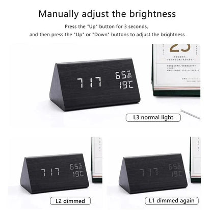 Wood-effect LED alarm clock | Time & temperature display