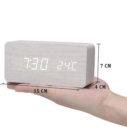 Wood-effect LED alarm clock | Time & temperature display