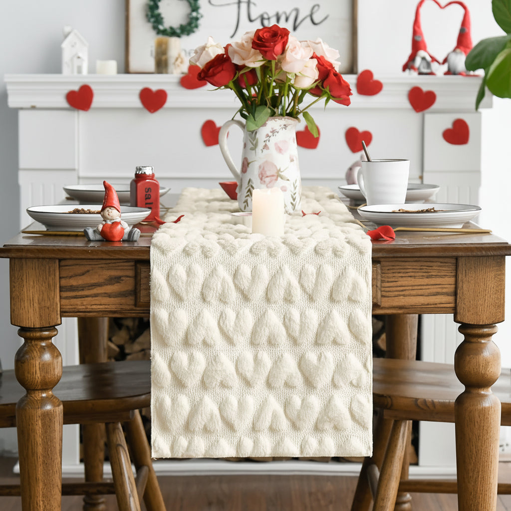 Pink Soft Plush Jacquard Heart Valentine Table Runner