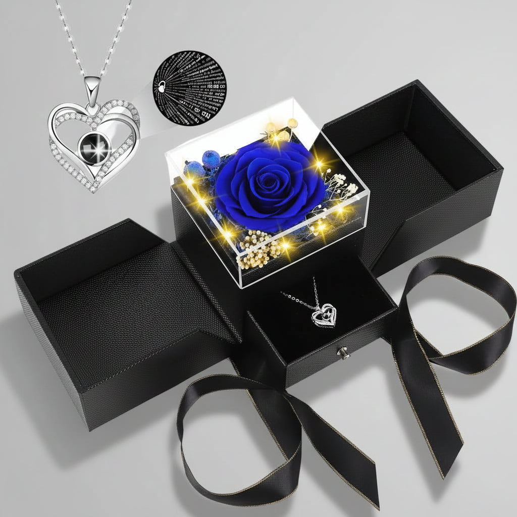 Preserved Red Real Rose Flowers Box I Love You Necklace