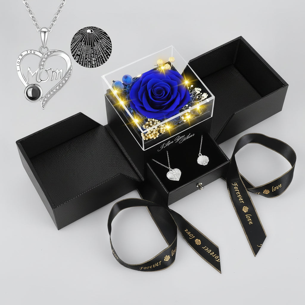Preserved Red Real Rose Flowers Box I Love You Necklace