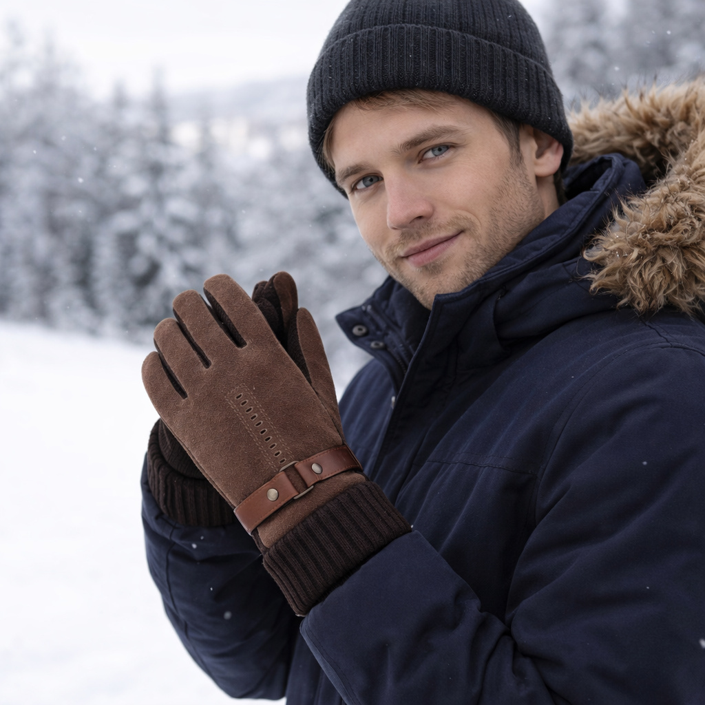 Leather Gloves Mens Winter Windproof Warm Driving Gloves