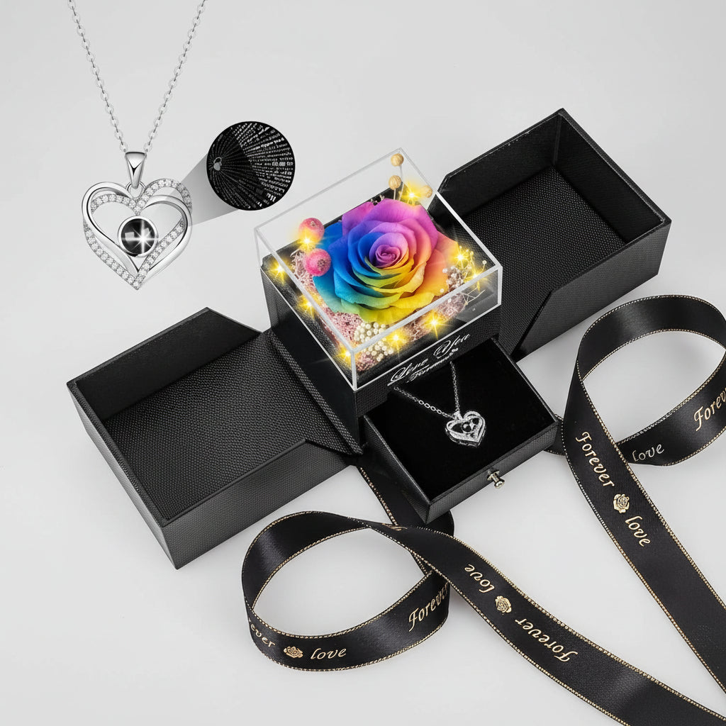 Preserved Red Real Rose Flowers Box I Love You Necklace