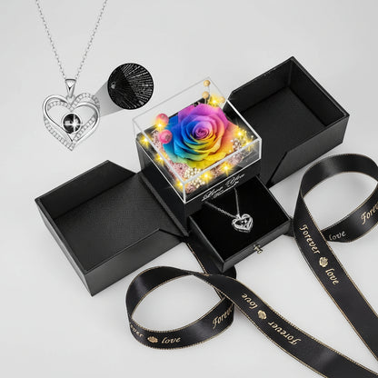 Preserved Red Real Rose Flowers Box I Love You Necklace