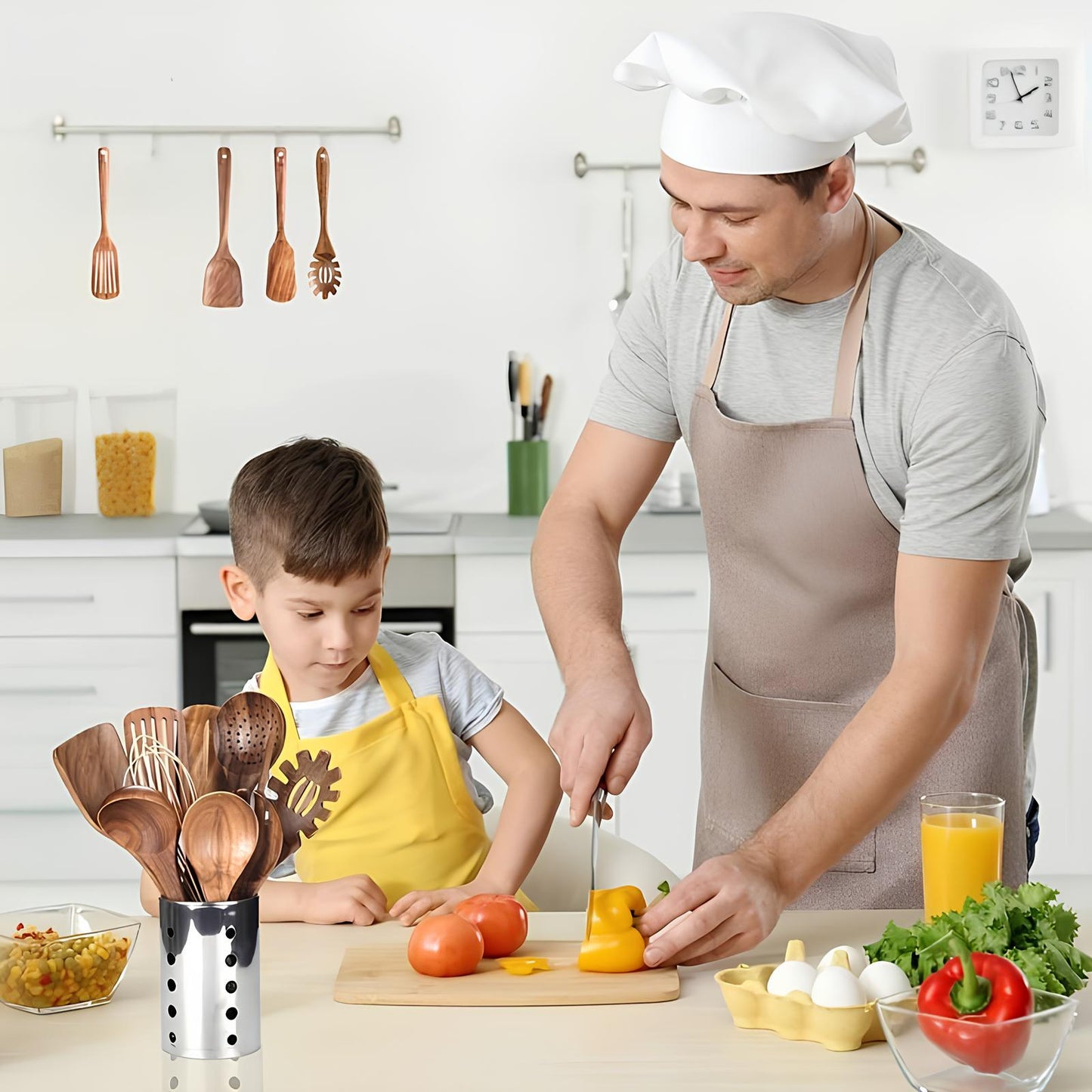 11-Piece Teak Wood Kitchen Utensil Set | Natural Wooden Cooking Tools with Holder