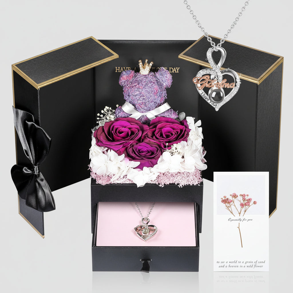 Eternal Roses I Love You 100 Languages Necklace Bear