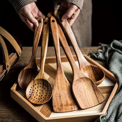 Kitchen Utensil Set Wooden Cooking Tools 5 Piece Natural Style