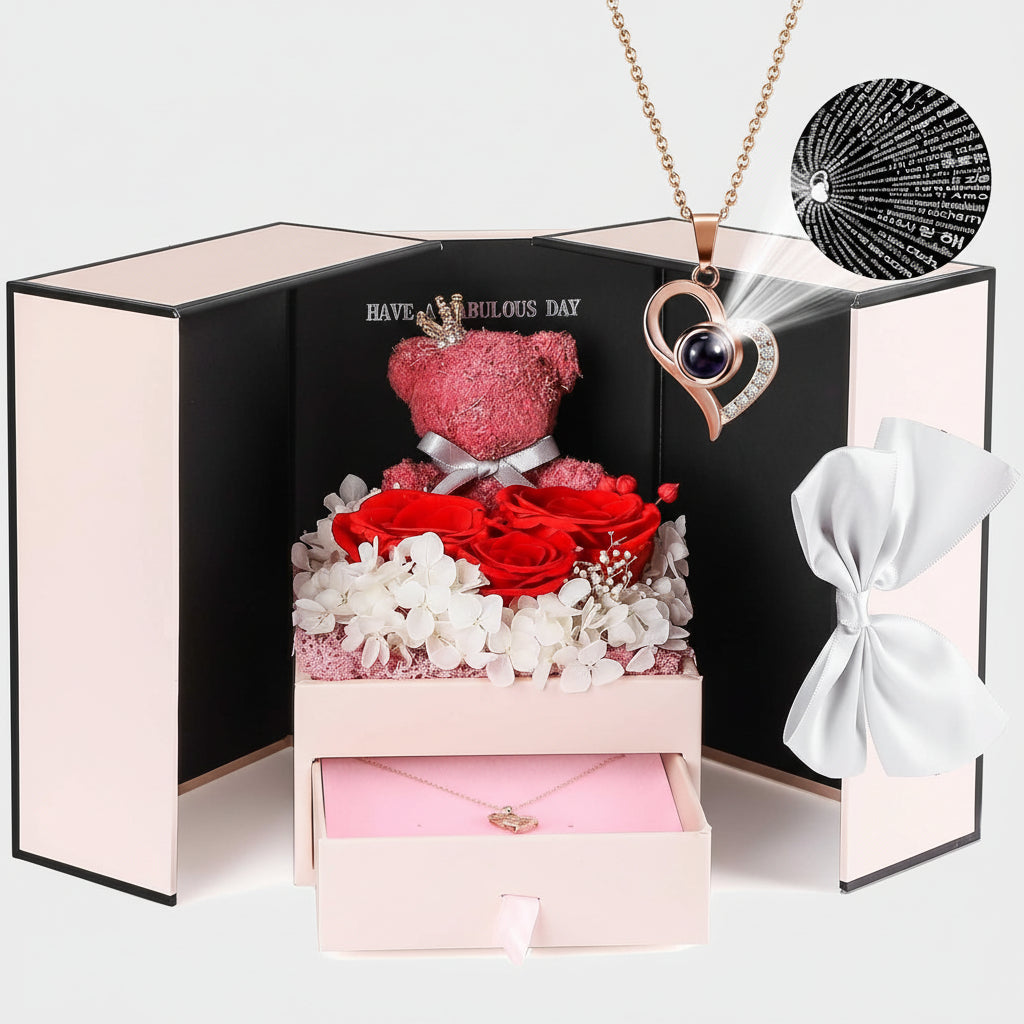 Eternal Roses I Love You 100 Languages Necklace Bear