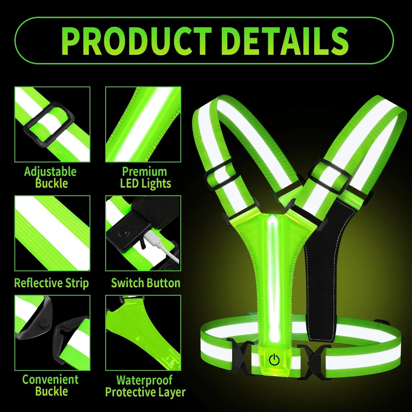 Running Vest LED Reflective Safety Vest Rechargeable High Visibility Gear