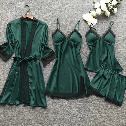Luxury Silk Sleepwear Set | Lace Trim Kimono With Cami & Shorts