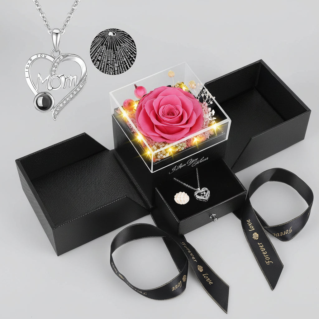 Preserved Red Real Rose Flowers Box I Love You Necklace