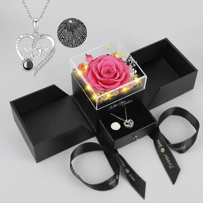 Preserved Red Real Rose Flowers Box I Love You Necklace