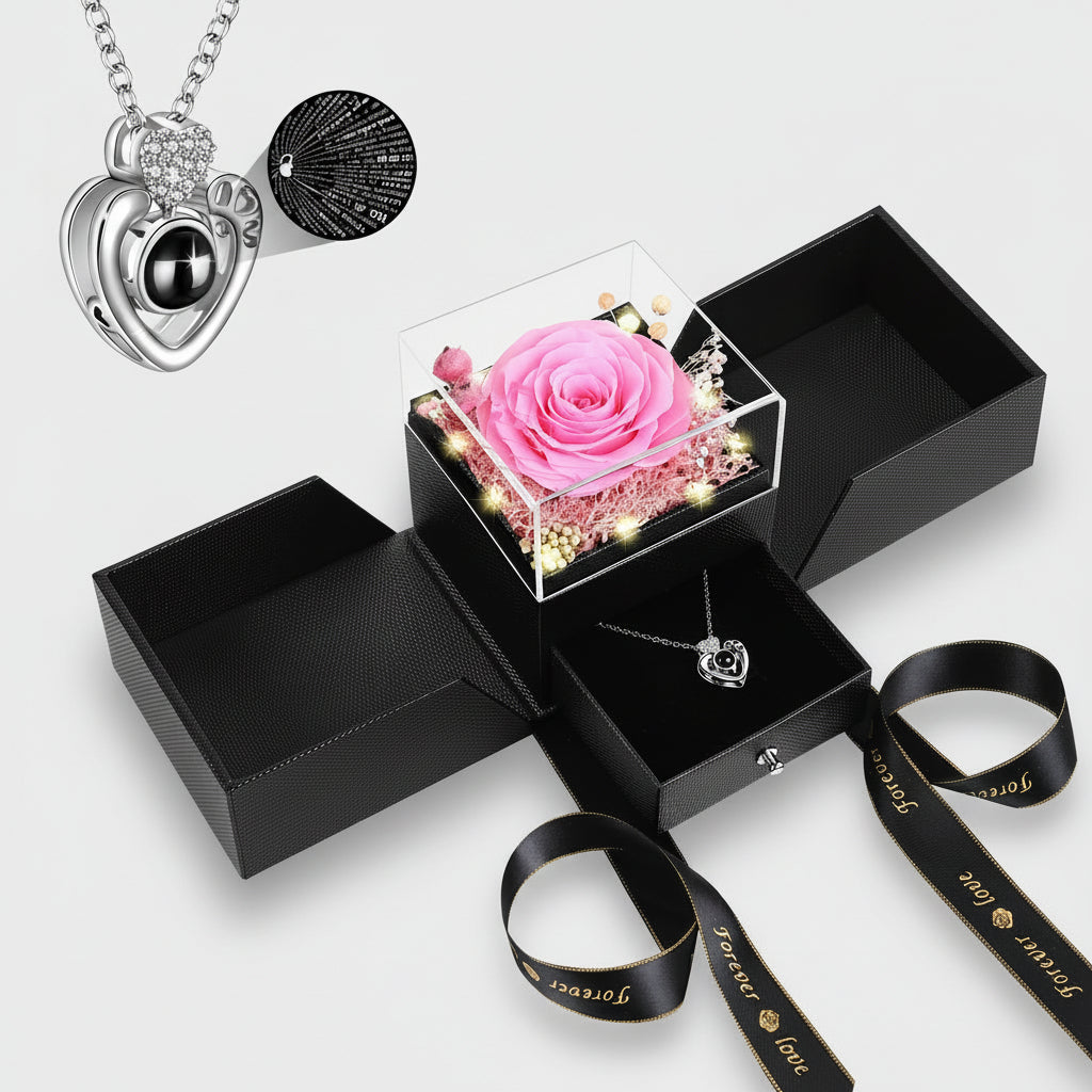 Preserved Red Real Rose Flowers Box I Love You Necklace