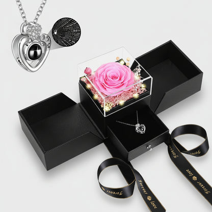 Preserved Red Real Rose Flowers Box I Love You Necklace