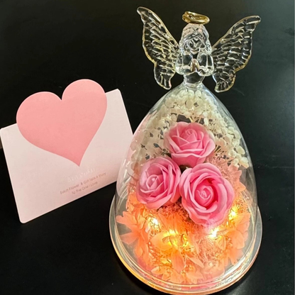 Preserved Rose Glass Angel Figurine Forever Fresh Flower