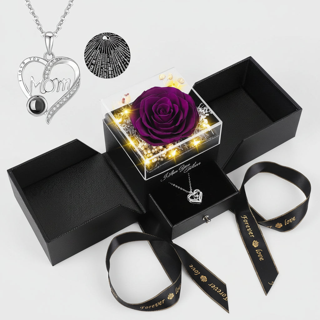 Preserved Red Real Rose Flowers Box I Love You Necklace