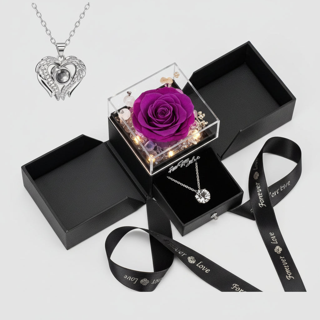 Preserved Red Real Rose Flowers Box I Love You Necklace