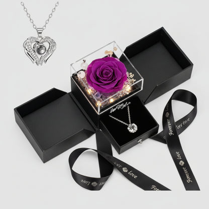Preserved Red Real Rose Flowers Box I Love You Necklace