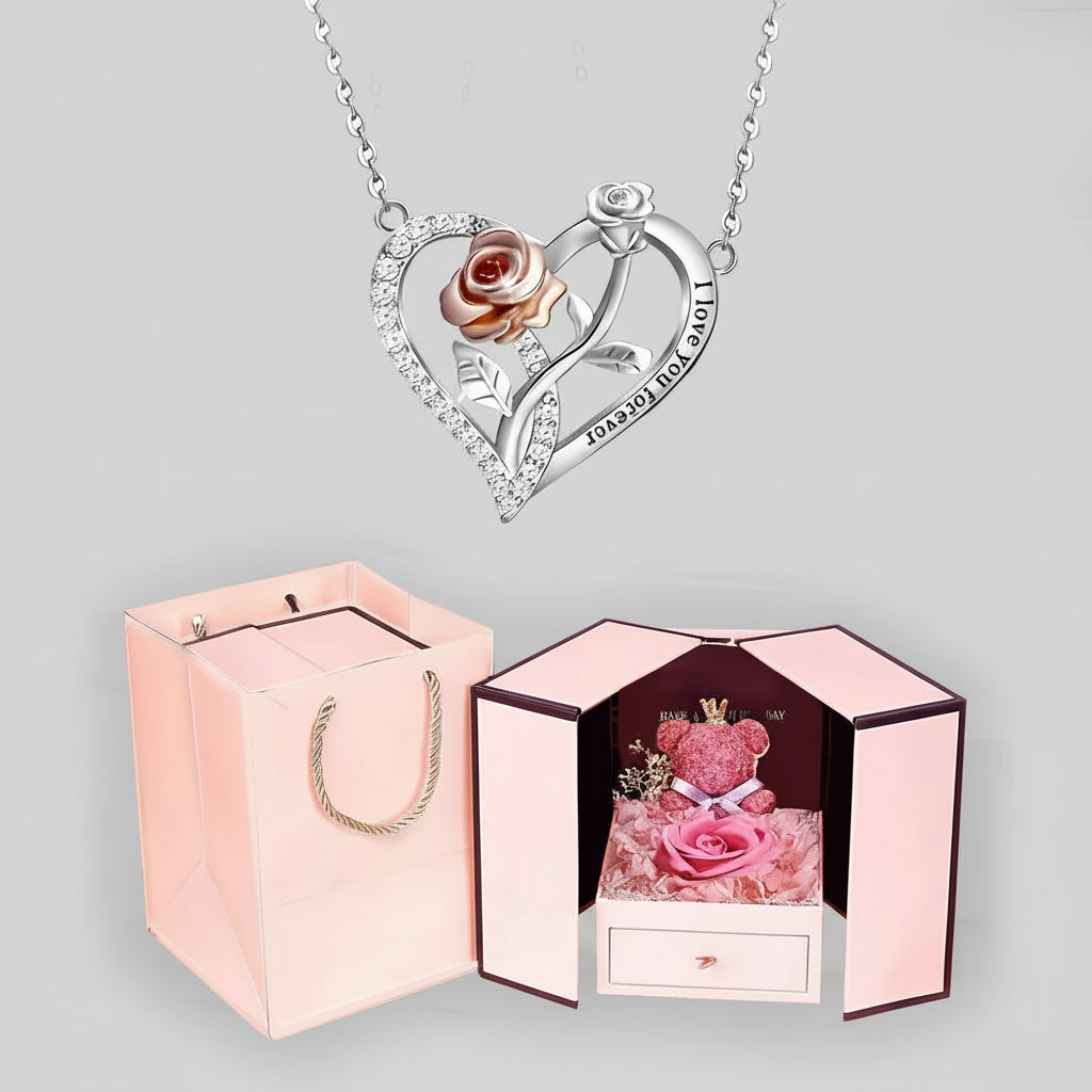 I Love You Forever Necklace Bear Rose Flower Gift Box