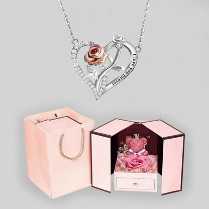 I Love You Forever Necklace Bear Rose Flower Gift Box