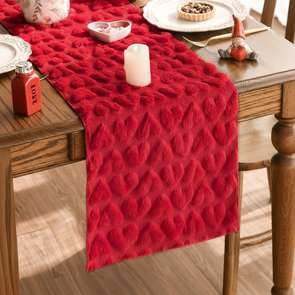 Pink Soft Plush Jacquard Heart Valentine Table Runner