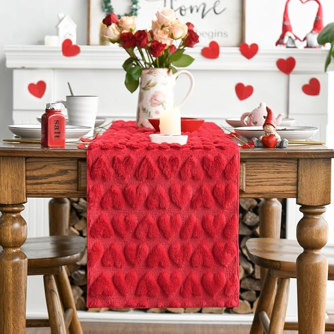 Pink Soft Plush Jacquard Heart Valentine Table Runner