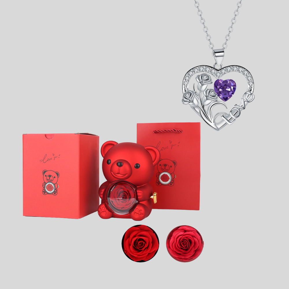 Red Heart Pendant Necklace Cute Bear Rose Gift Box