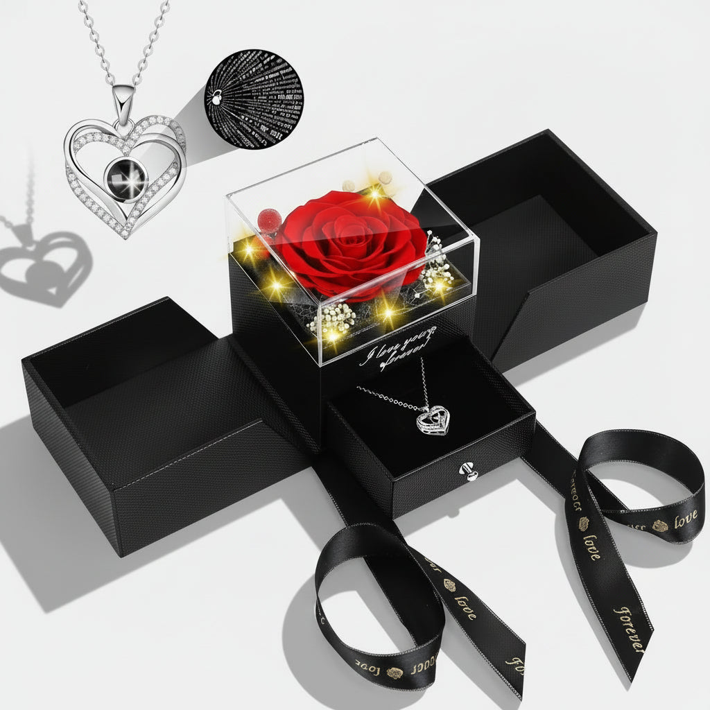 Preserved Red Real Rose Flowers Box I Love You Necklace