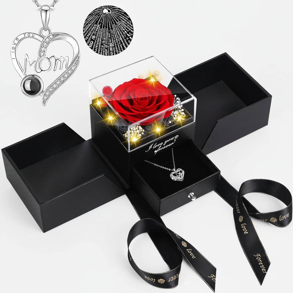 Preserved Red Real Rose Flowers Box I Love You Necklace