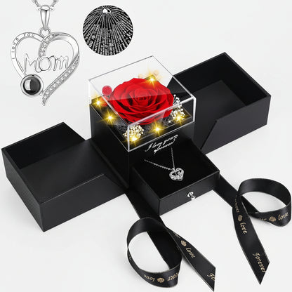 Preserved Red Real Rose Flowers Box I Love You Necklace