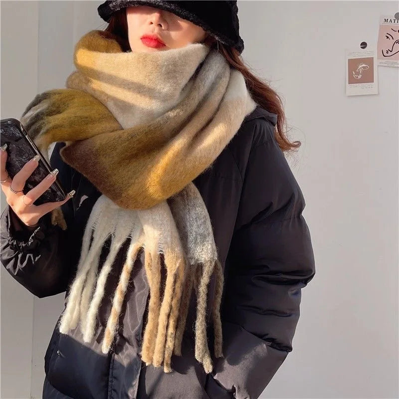 Winter Scarf Women Soft Plaid Warm Fringed Wool Blend Scarf