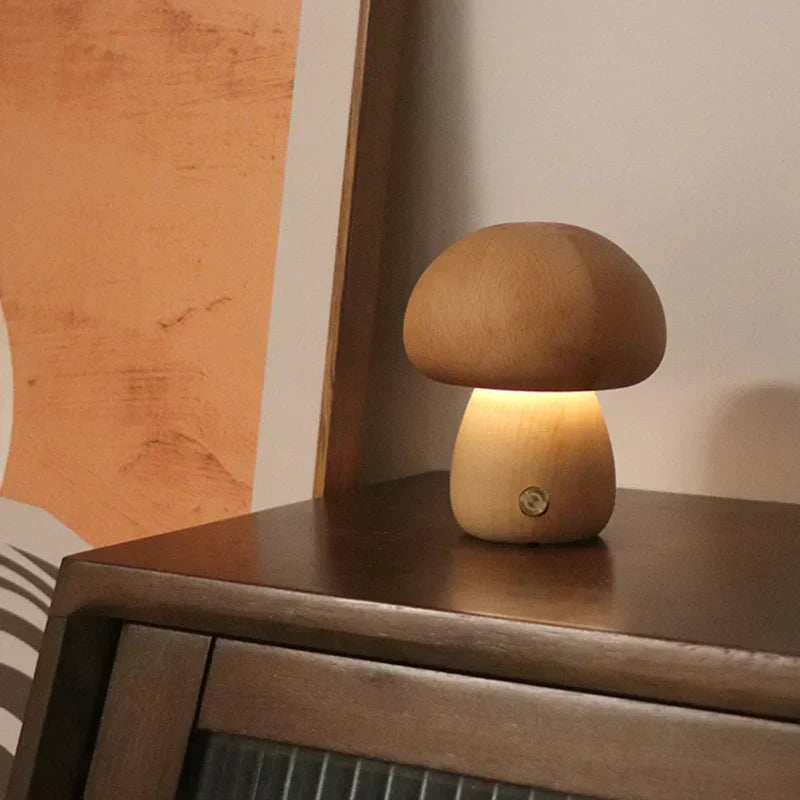 Mushroom LED Table Lamp | Wooden Touch-Control Light