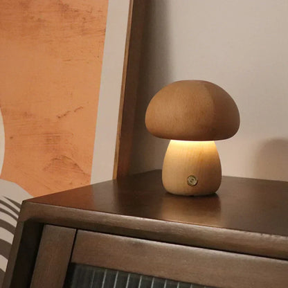 Mushroom LED Table Lamp | Wooden Touch-Control Light