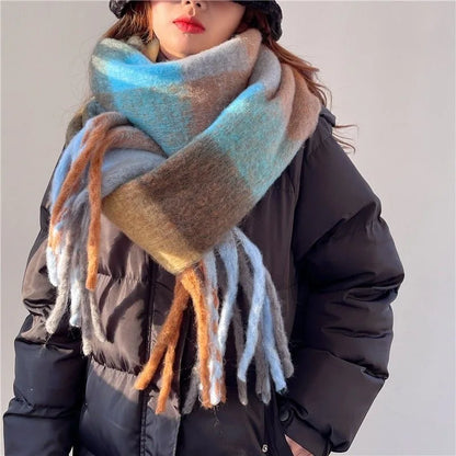 Winter Scarf Women Soft Plaid Warm Fringed Wool Blend Scarf