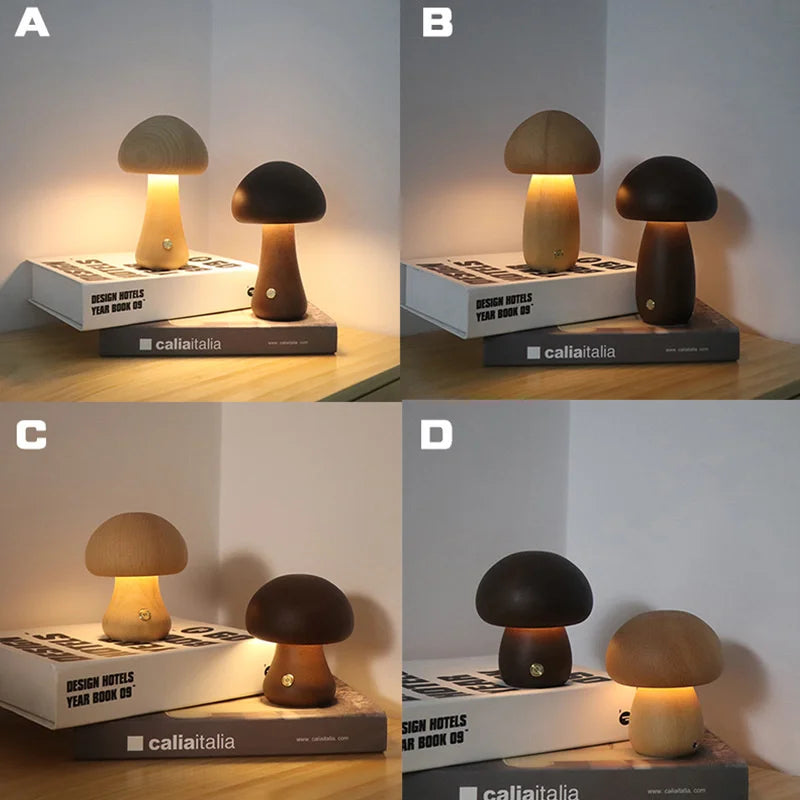 Mushroom LED Table Lamp | Wooden Touch-Control Light