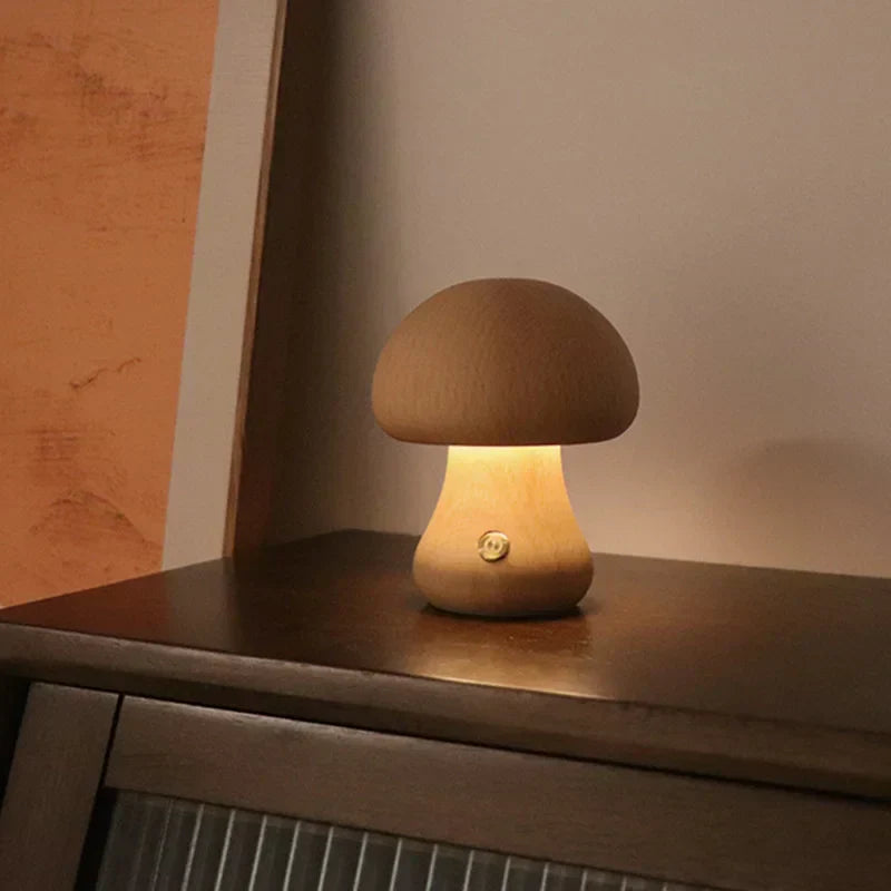 Mushroom LED Table Lamp | Wooden Touch-Control Light
